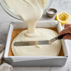 Garniture de cheesecake versée sur la croûte graham froide puis lissée