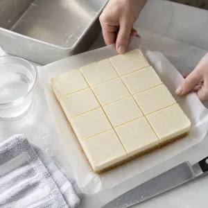Plaque de cheesecake glacé sortie du moule et coupée en carrés nets