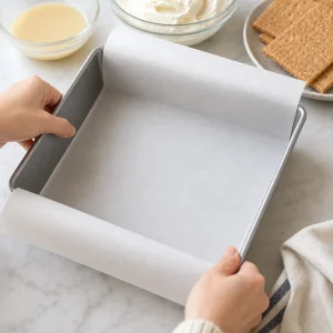Papier cuisson chemisant un moule de 20 cm avec un débord pour des barres de cheesecake glacé