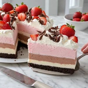 Part nette de gateau glace en couches servie avec creme fouettee, copeaux de chocolat et fraises