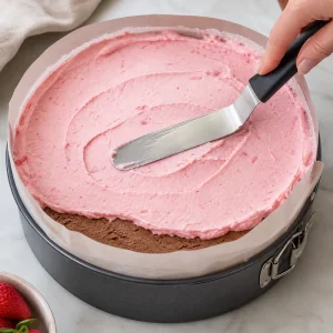 Glace a la fraise lissee sur la couche de chocolat dans le moule a charniere