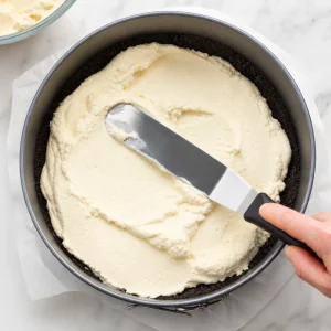 Glace a la vanille etalee uniformement sur la croute de biscuits au chocolat