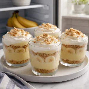 Mini tortas de creme de banana geladas prontas para servir com camadas firmes e cobertura de chantilly.
