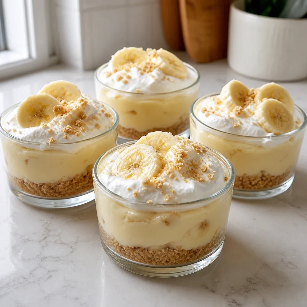 Mini tortas de creme de banana sem forno prontas em copos com chantilly, rodelas de banana e migalhas de bolacha.