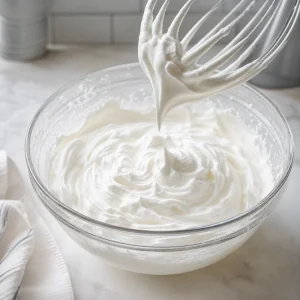 Creme de leite fresco batido com acucar de confeiteiro e baunilha ate formar picos firmes.