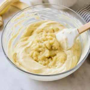 Bananas amassadas incorporadas delicadamente ao pudim espesso de baunilha com uma espatula.