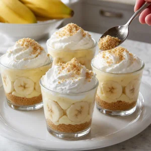 Mini tortas de creme de banana cobertas com chantilly e uma leve camada de migalhas de bolacha graham.