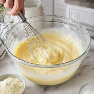 Leite integral e mistura instantanea de pudim de baunilha batidos ate ficarem espessos e cremosos.