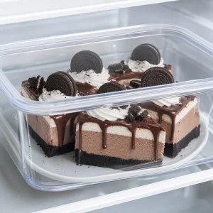 Sobras de cheesecake de Oreo cubiertas en un recipiente