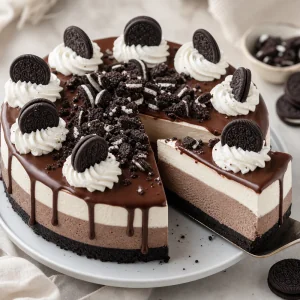 Cheesecake de Oreo decorado y cortado en porciones limpias
