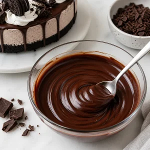 Ganache de chocolate brillante mezclada en un bol pequeno