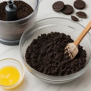 Migas de Oreo mezcladas con mantequilla derretida en un bol