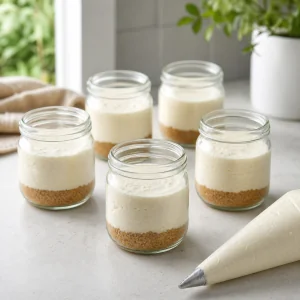Cheesecake filling layered over crumb bases in jars