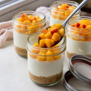 Diced peaches being spooned over cheesecake jars