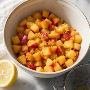 Diced peaches mixed with lemon zest, juice, and sugar