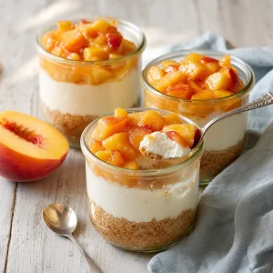 Peach cheesecake jars with crumb, cream cheese, and fruit layers