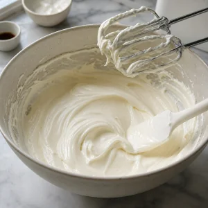 Smooth cream cheese filling in a mixing bowl