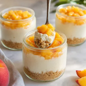 Spoonful of peach cheesecake with fruit, cream, and crumbs