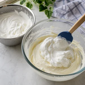 Whipped cream being folded into cream cheese filling