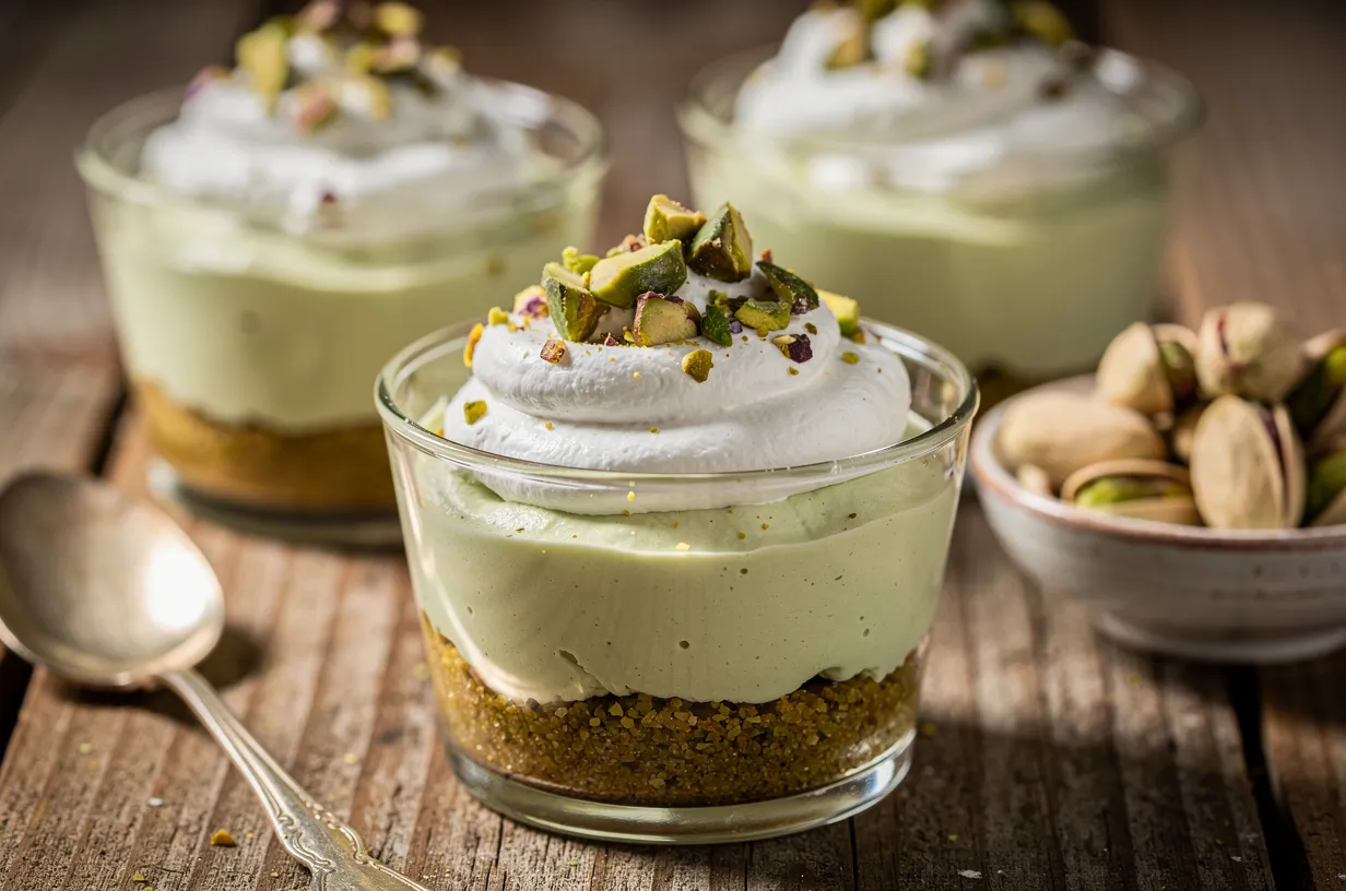 No-Bake Pistachio Cheesecake Cups with Honeyed Crust