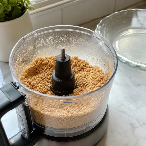 Almond cookies ground into fine crumbs in a food processor