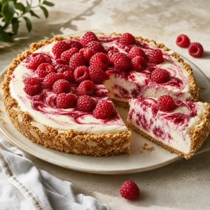 Finished raspberry mascarpone cream pie with one slice removed