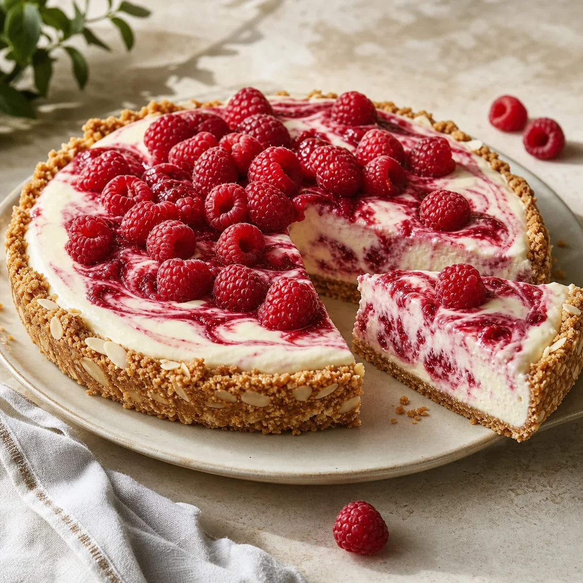 Finished raspberry mascarpone cream pie with one slice removed