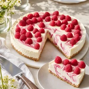 Fresh raspberry-topped mascarpone pie with a clean slice served