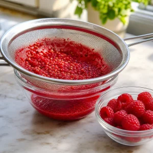 Raspberry purée strained beside reserved whole berries