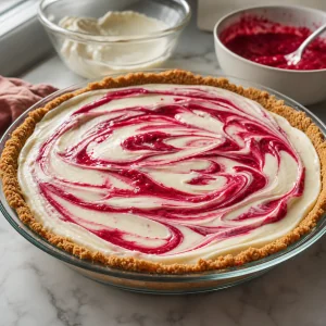 Raspberry purée swirled through mascarpone cream in the crust