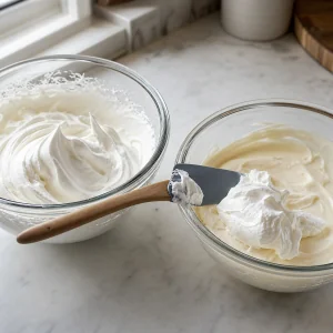 Whipped cream being folded into mascarpone mixture