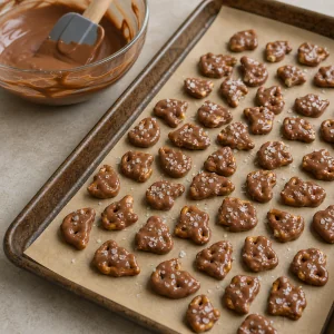 Chocolate-coated pretzels sprinkled with flaky salt
