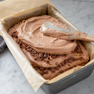Milk chocolate ice cream mixture layered in a loaf pan