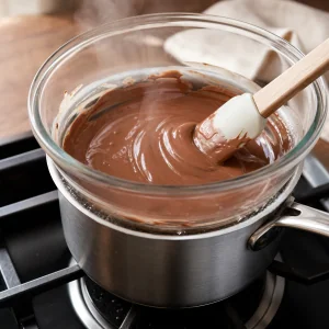 Milk chocolate melting over simmering water