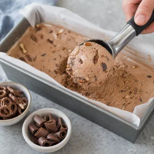 Milk chocolate pretzel ice cream scooped from a loaf pan