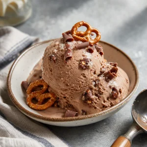Milk chocolate pretzel ice cream with chocolate curls
