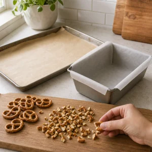 Pretzels broken beside two parchment-lined pans