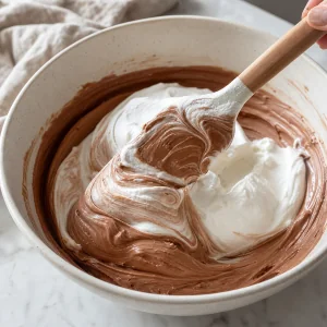 Whipped cream folded into milk chocolate mixture