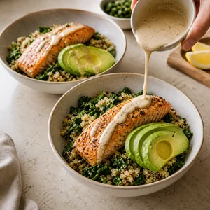 Nourishing Salmon and Quinoa Bowl with Garlicky Kale