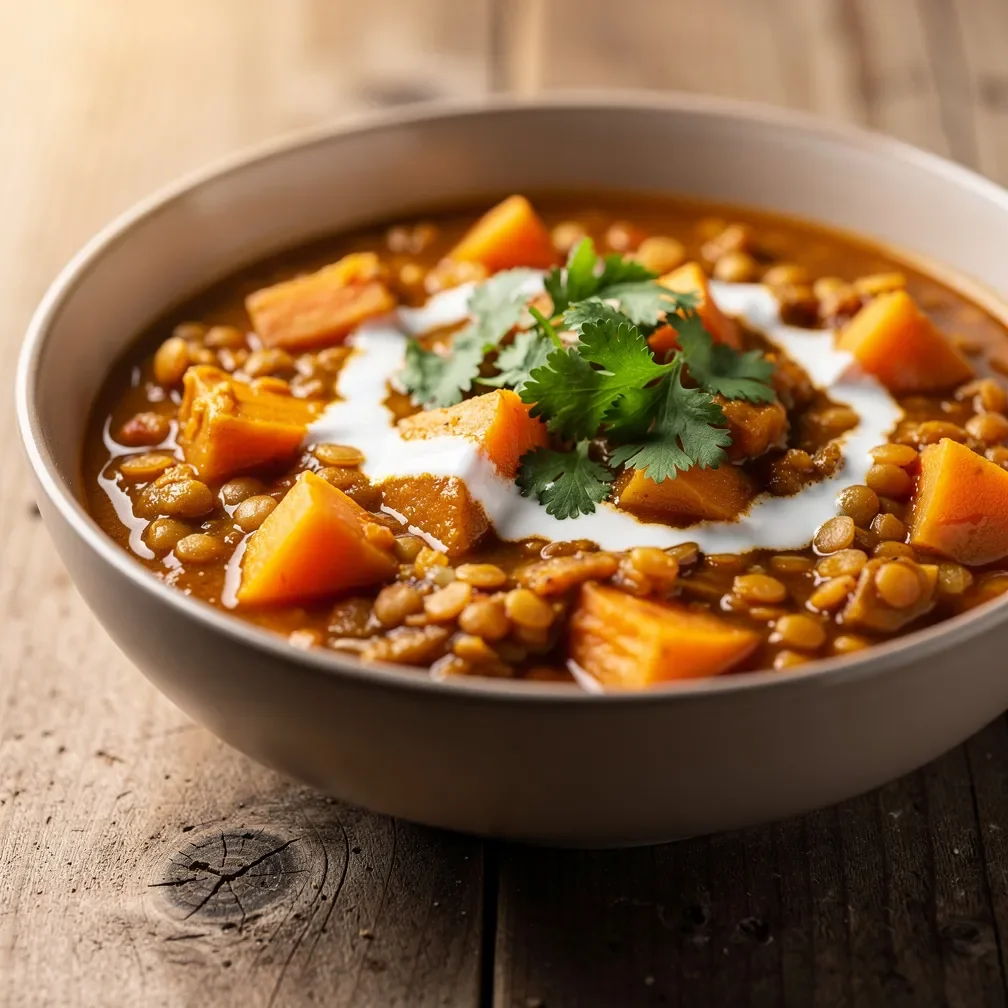 A bowl of vibrant sweet potato and lentil curry garnished with fresh cilantro and coconut milk swirl.