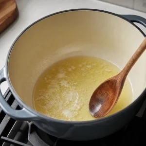 Olio di cocco che si scalda in una pentola grande per curry di patate dolci e lenticchie