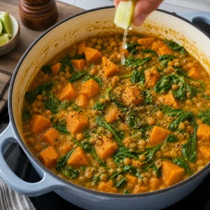 Curry finito di patate dolci e lenticchie condito con succo di lime, sale e pepe