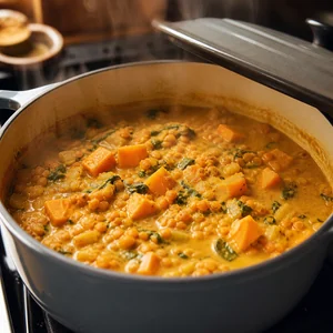 Curry Nutriente di Patate Dolci e Lenticchie con Spinaci
