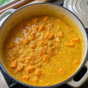 Patate dolci e lenticchie rosse che sobbollono in salsa dorata al curry e cocco