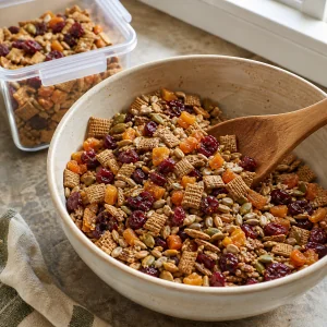 Dried cranberries and apricots folded into cooled seed and cereal mix