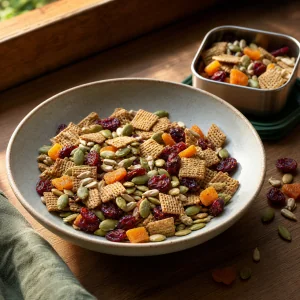 Finished nut-free seed and cereal trail mix with dried cranberries and apricots in a bowl