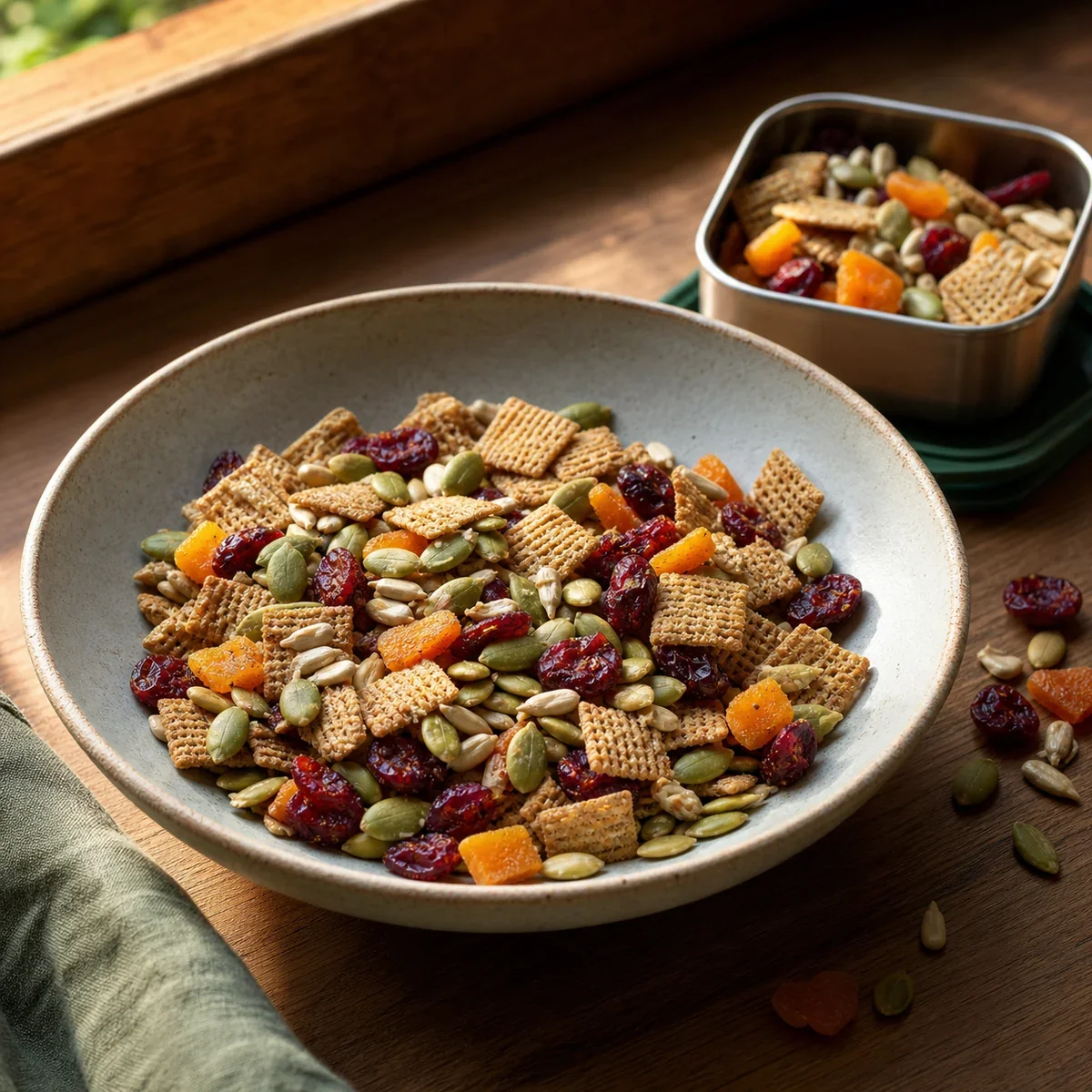 Finished nut-free seed and cereal trail mix with dried cranberries and apricots in a bowl