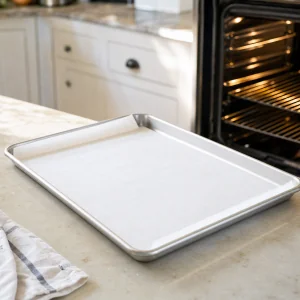 Parchment-lined rimmed baking sheet beside an open oven