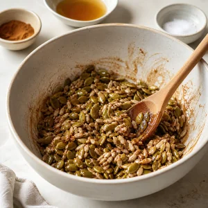 Pumpkin and sunflower seeds coated with maple syrup and cinnamon in a bowl