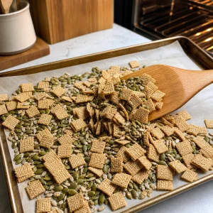 Square cereal being folded into toasted seeds on a baking sheet
